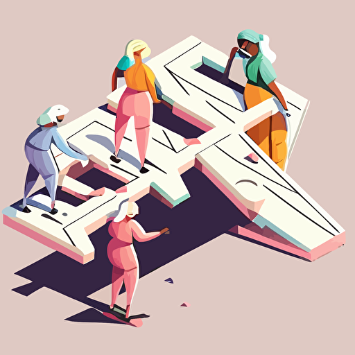 four diverse indians in pastel color outfits, trying build a bridge which is broken, vector style
