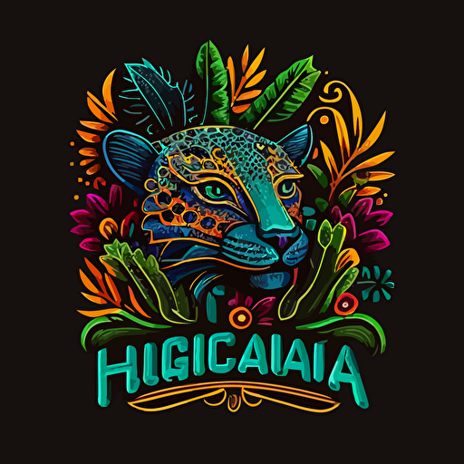 a logo for a landscaping company . In a Mexican alebrije inspired style. Using bright neon colors . Include a jaguar . Vector style.