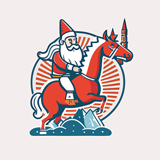 funny santa riding a unicorn in bad part of city, vector logo, vector art, emblem, simple cartoon, 2d, no text, white background