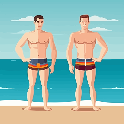 two cute male swimmers on the beach, muscular, abs, six-pack, holding hands, vector