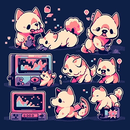 8 bit dogs playing video games, Sticker, Excited, Neon, Graffiti, Contour, Vector, White Background, Detailed