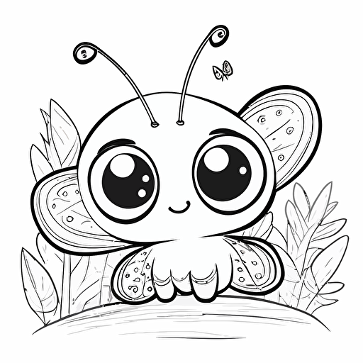 cute butterfly in farm, big cute eyes, pixar style, simple outline and shapes, coloring page black and white comic book flat vector, white background