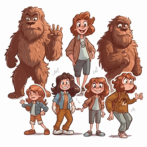 Bigfoot children´s movie, vector style, multiple poses and expressions, cartoon comic, children's book illustration style, white background