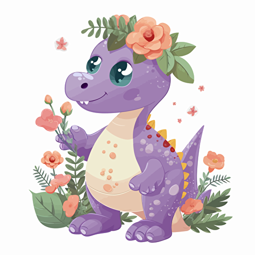 cute dinosaur with flowers, detailed, cartoon style, 2d clipart vector, creative and imaginative, hd, white background