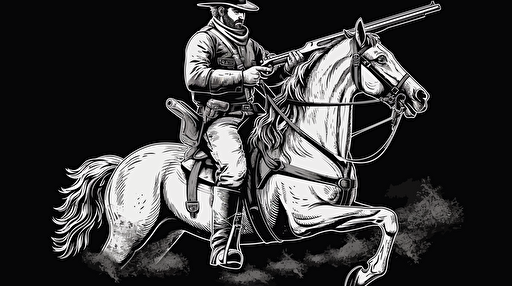 confederate soldier firing a musket and riding a galloping war horse, profile view, black and white vector style, tribal illustration, thick stroke logo