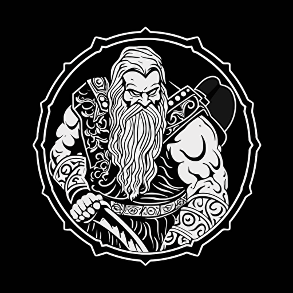 solid line white on black, medieval axe man, black background, vector, 3:4, simple 2D