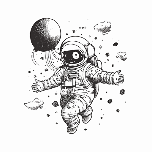 happy astronaut floating, simple vector black and white, children book illustration, minimalism, ghibli style