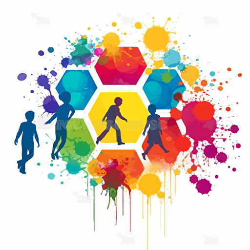kids icon, abstract art, vector drawing, colorful splash on the back, pure white background FFFFFF, no margins, primary colors HEX: 5B7ABC and HEX: F5A5C8, secondary colors HEX: C8D35F HEX: 9DDAE9 HEX: FEE252