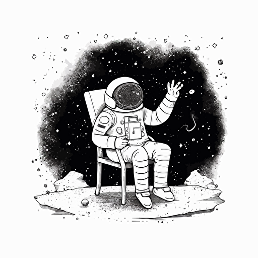 faceless happy astronaut giving one thumb up, sitting on an invisible chair, surrounded by stars and particles, simple vector black and white, children book illustration, minimalism, highly detailed, ghibli style
