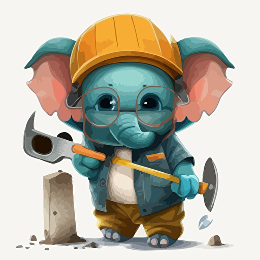 a very cute baby elephant wearing very big sunglasses dressed up as a carpenter, as a cartoon type, as a vector, white background, bright graffiti colors