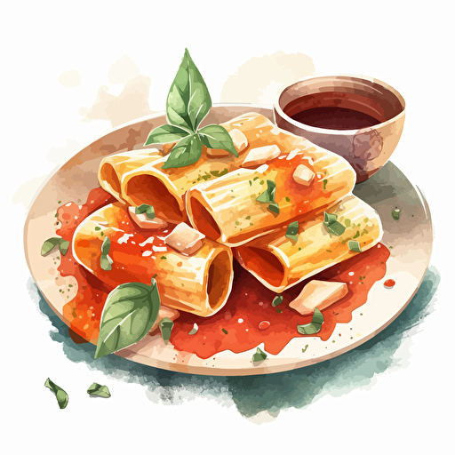 a plate of delicious rigatoni pasta with red sauce and dollops of mozzarella, in watercolor style, as a die-cut sticker design, vector format, on a white background. The watercolor style is loose and flowing, with a focus on blending and texture, and the colors are vibrant and fresh.