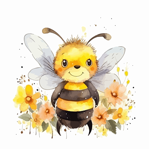 cute watercolor bee with flowers, vector