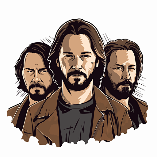 three heads of jeanu reeves next to one another on a white background. far left is a yound keanu middle head he is middle age and in the right one he is older. make them in the style of a vector illustration