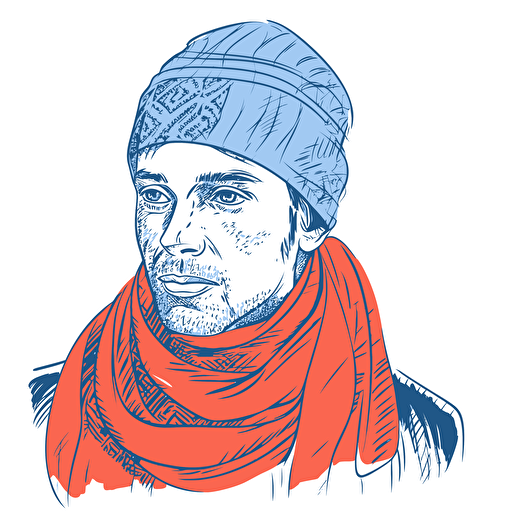 A man in a blue scarf with a red nose. Outline illustration with vector fills.