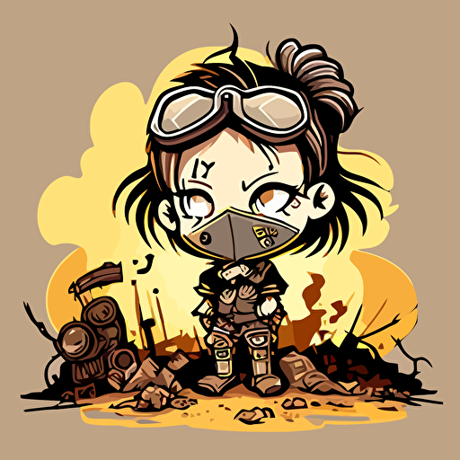 cute post apocalyptic girl, mad max, wasteland background, vector art, sticker