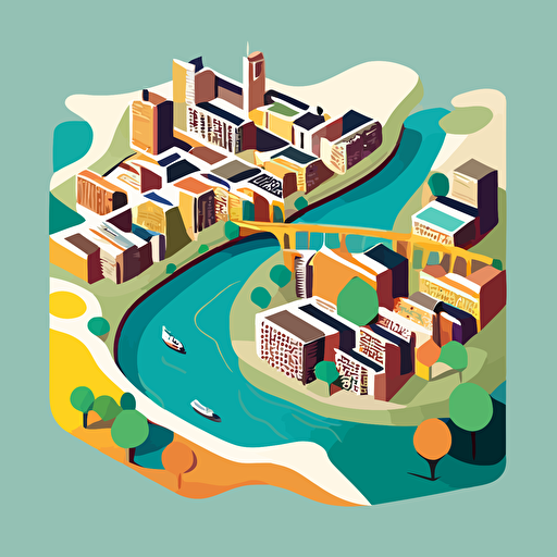a flat 2d vector map of a city with a a river in the middle