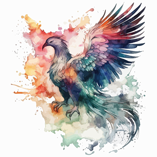 Vector illustration of Ethereal Phoenix, watercolour masterpiece, Ethereal Twilight color scheme, White background, Mystical Encounters