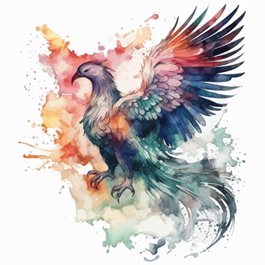 Vector illustration of Ethereal Phoenix, watercolour masterpiece, Ethereal Twilight color scheme, White background, Mystical Encounters