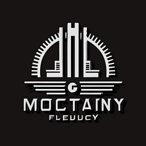iconic logo of modern factory, white vector, on black background, minimalistic
