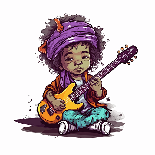 Baby Jimi Hendrix sitting on the floor, holding a guitar, white background wearing a purple bandana in a graffiti style, vibrant colours, vector style