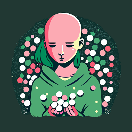 vector,pink,light green, bald girl,holding too many pills in hands,depressed,sad,crying