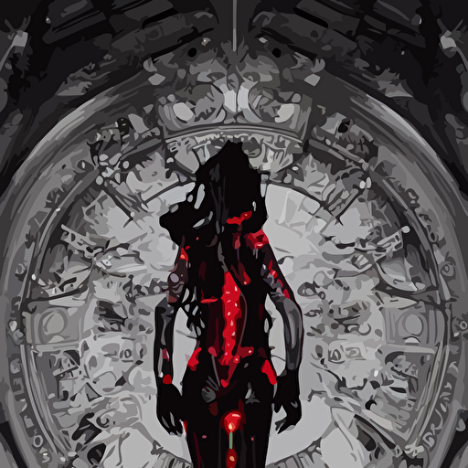 body cyberpunk style sculpture young beautiful dark priestess half android head opening exposing circuitry glowing red eyes black roses flowing blood red colored silk fabric candles baroque elements human skull length view baroque element intricate artwork caravaggio crows flying background trending artstation cinematic lighting right hyper realism octane render 8k depth field 3d