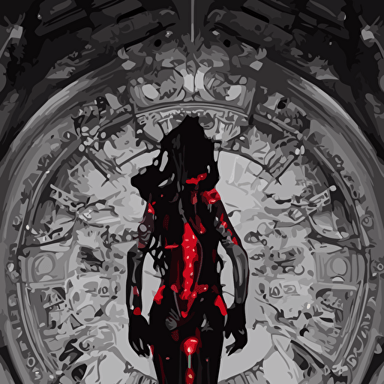 body cyberpunk style sculpture young beautiful dark priestess half android head opening exposing circuitry glowing red eyes black roses flowing blood red colored silk fabric candles baroque elements human skull length view baroque element intricate artwork caravaggio crows flying background trending artstation cinematic lighting right hyper realism octane render 8k depth field 3d