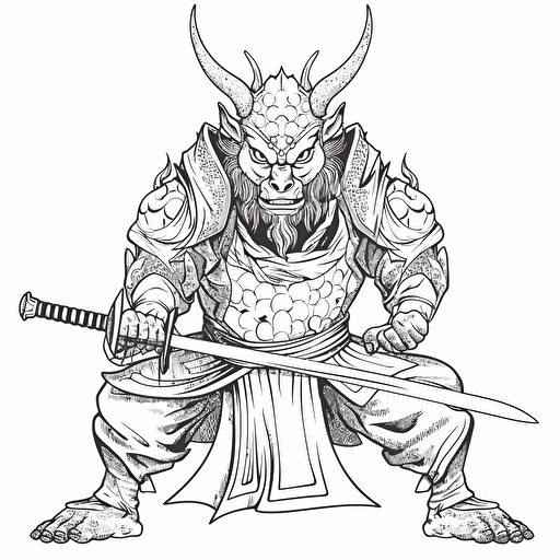 japanese demon samurai ignorant style No Shadow. Cartoon. Coloring page. Vector. Simple.
