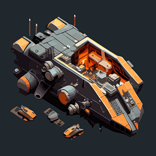mining space ship, vector, top down, isometric, orange and grey, black background