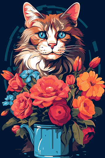 colorful svg vector drawing of a beautiful cat in front of a vase full of flowers