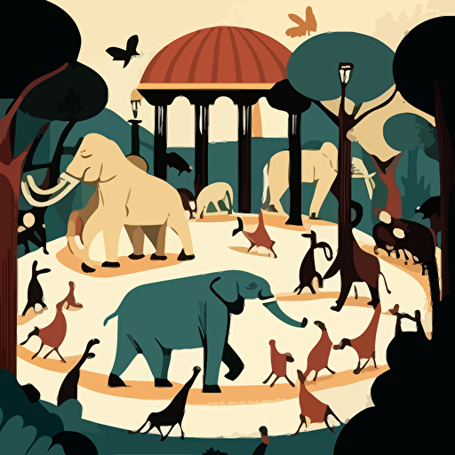 cartoon vector image of zoo animals stampeding over a park