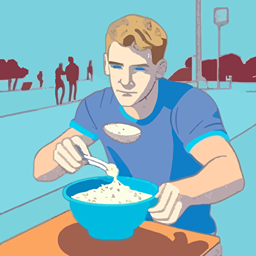 gta san andreas style drawing of a young white man standing on center of a playground and eating cereals from bowl with a spoon, digital drawing, vector, hd