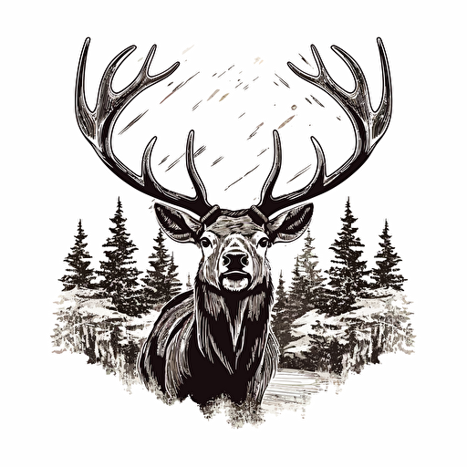 illustrated elk bowing head in contemplation, black and white vector, simple, ::woodblock style