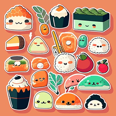 Create a collection of vector stickers featuring different types of Japanese kawaii-inspired food items, such as sushi, ramen, onigiri, and tempura, designed with cute faces, vibrant colors, and adorable, exaggerated expressions to emphasize the kawaii aesthetic.