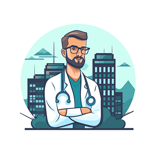 simple logo for doctor with skyscraper, vector flat, PNG, SVG, flat shading, solid white background, mascot, logo, vector illustration, masterwork, 2D, simple, illustrator