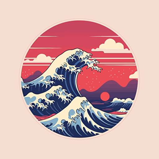 Flat vector media page logo with fuji hill and wave, retro, japanese style