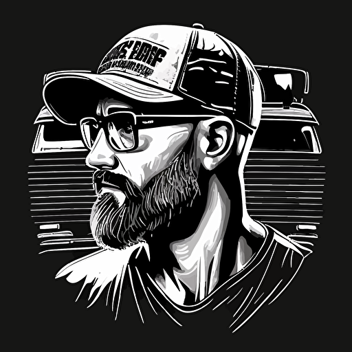 vector, black and white, man face with trucker cap, beard, pasta glasses, bald, 2d