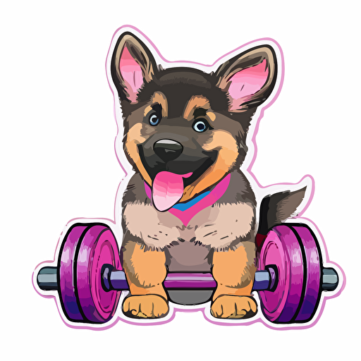 vector happy German Shepard puppy sitting next to a dumbell sticker+ white background + vibrant pink and purple+ cartoon