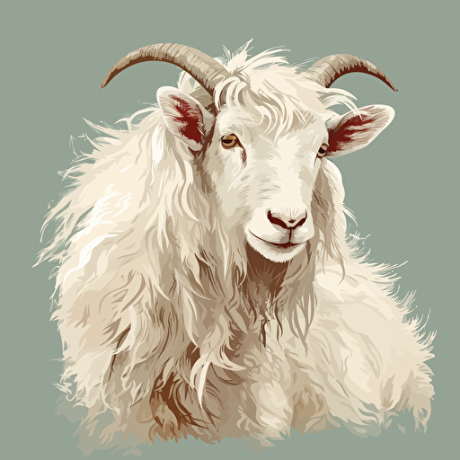 drawing angora goat , long horns, curly hair, white color, natural background vectoral style