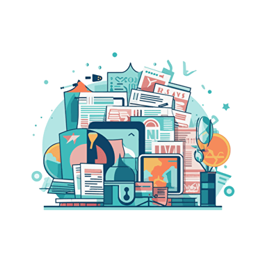 Flat illustration of stacked papers, books and screens