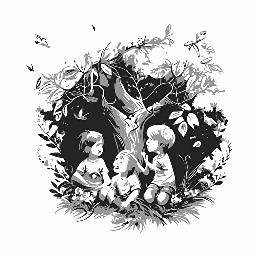 Black and white vector illustration of three little boys and one little girl laughing around a magical tree