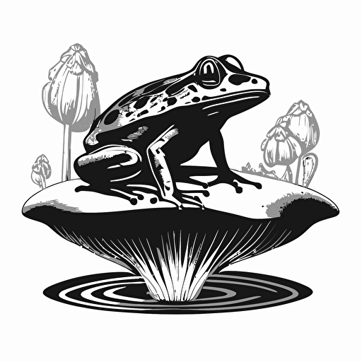 retro-futurist iconic logo of a frog sitting on a Lilly pad, black vector, on white background