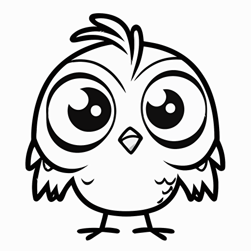 cute bird in farm, big cute eyes, pixar style, simple outline and shapes, coloring page black and white comic book flat vector, white background