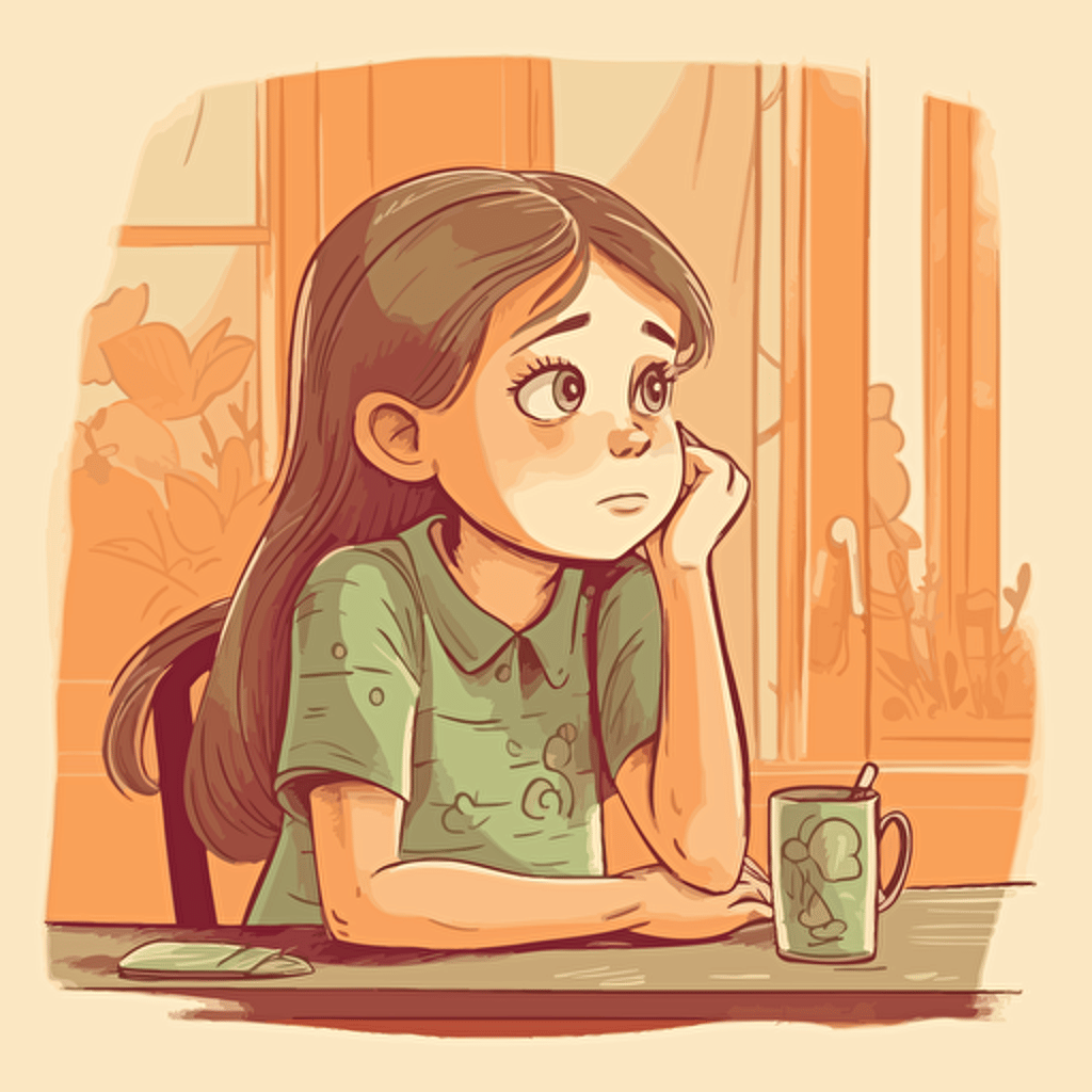 little girl sits at the table and looks dreamily to the side. Illustration for children book. Children's illustration. Pastel, warm colors, vector illustration