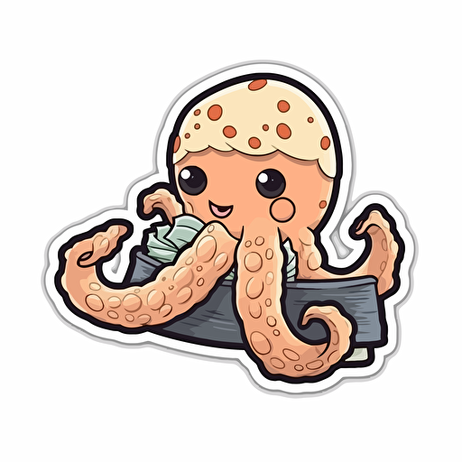 octopus eating sushi, sticker, Hand drawn style, vector, White background,