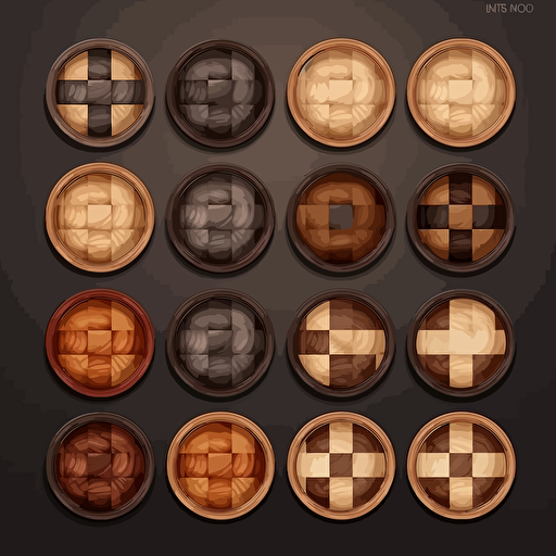 vector based checkers pieces for checkers game. wooden, wood grain, dark and light, with board layout too. Show induvidual pieces off of board