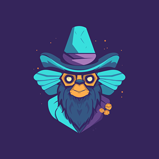 logo design, flat 2d vector logo of a bee in a pointed wizard hat, muted purple and blue colors, 80s, harry-potter-inspired