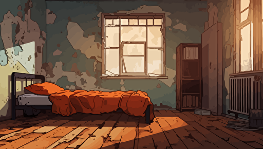 old orange decrepit bedroom wall, 2d animation, anime, vector image