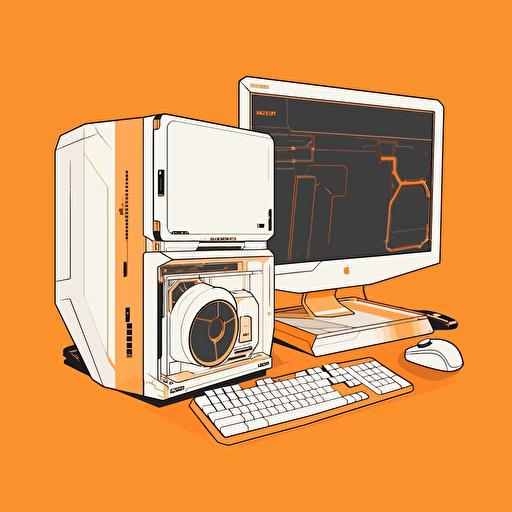2D vector PC with Playstation and Xbox in minimalism cyberpunk style and in orange colors. Background white