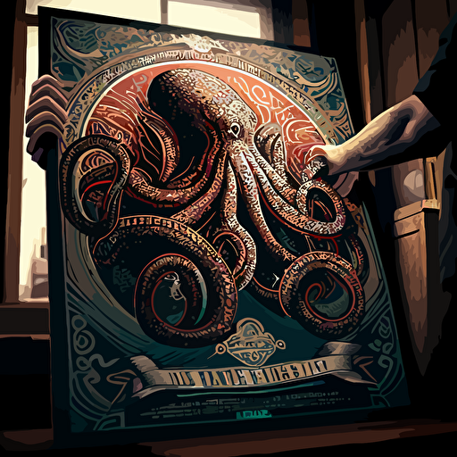 majestic octopus poster, vector, in the style of Martin Ansin + Dan mumford + Shepard Fairey